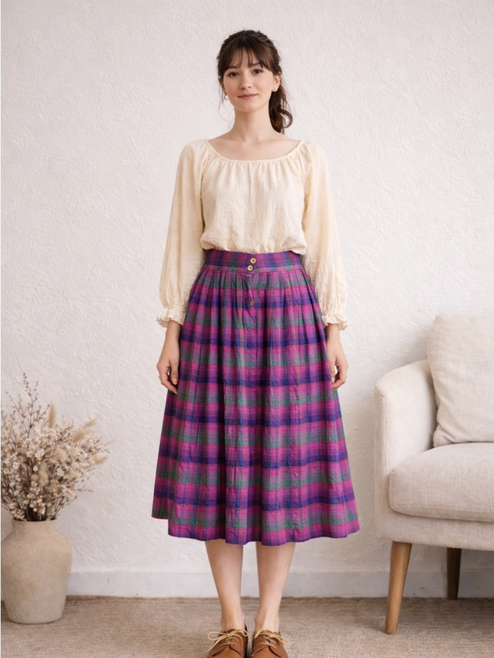Vintage Alfred Sung Cottagecore plaid skirt vibrant colors linen blend size 6